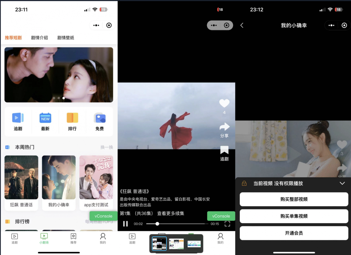 自带支付收益仿抖音小剧场短剧影视微信小程序源码-带会员模式用户单独购买 全开源-好易源码网