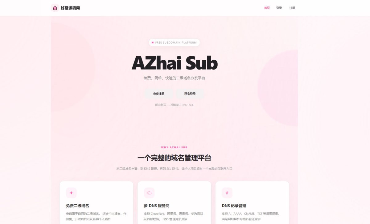 全新开源阿宅二级域名分发系统 轻量化二级域名管理程序源码-好易源码网